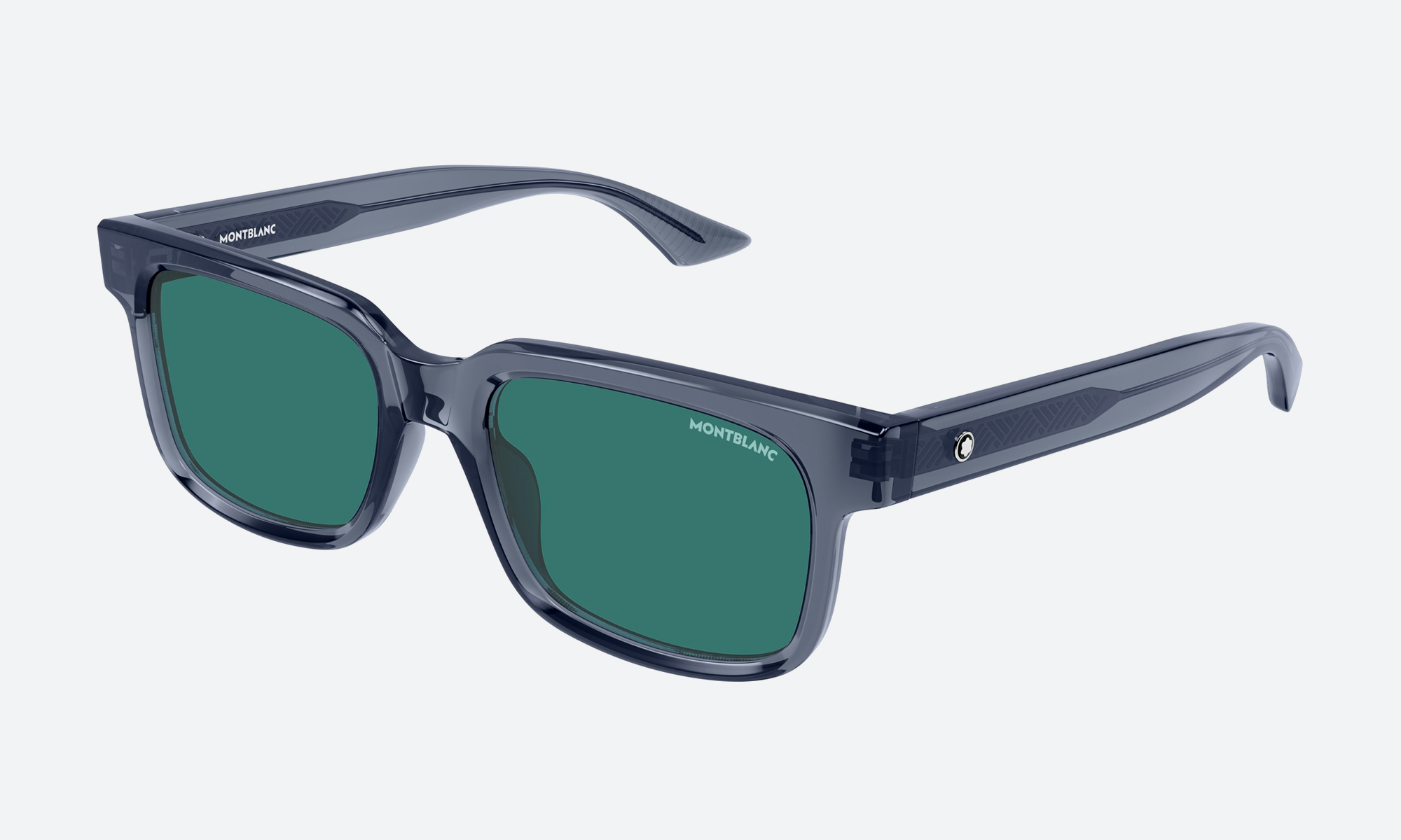 Man wearing Mont Blanc glasses for men, slim metal frame with snowcap emblem