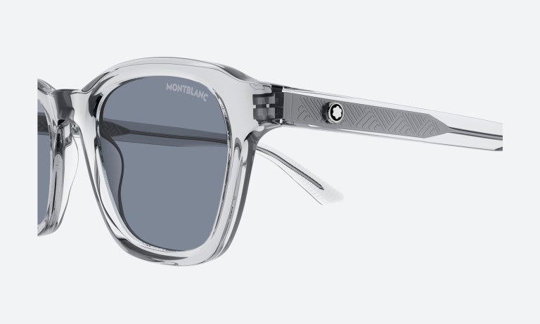 Close-up of authentic Mont Blanc eyewear showing the snowcap emblem and temple engraving