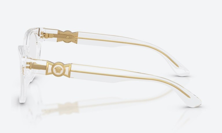Versace sunglasses showing gold Medusa emblem and premium acetate hinge detail