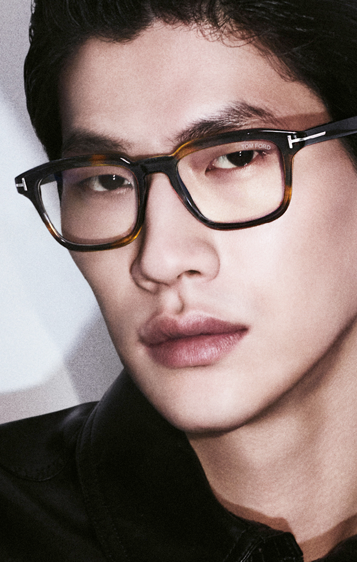 Close-up of a Tom Ford frame hinge and temple detail