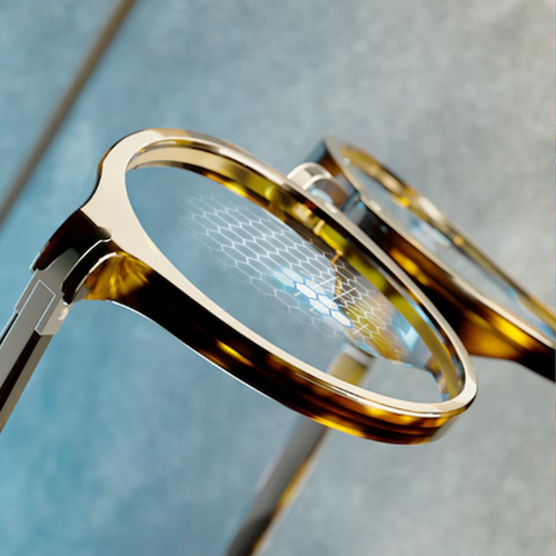 Progressive lenses fitted in a full-rim frame with adjustable nose pads